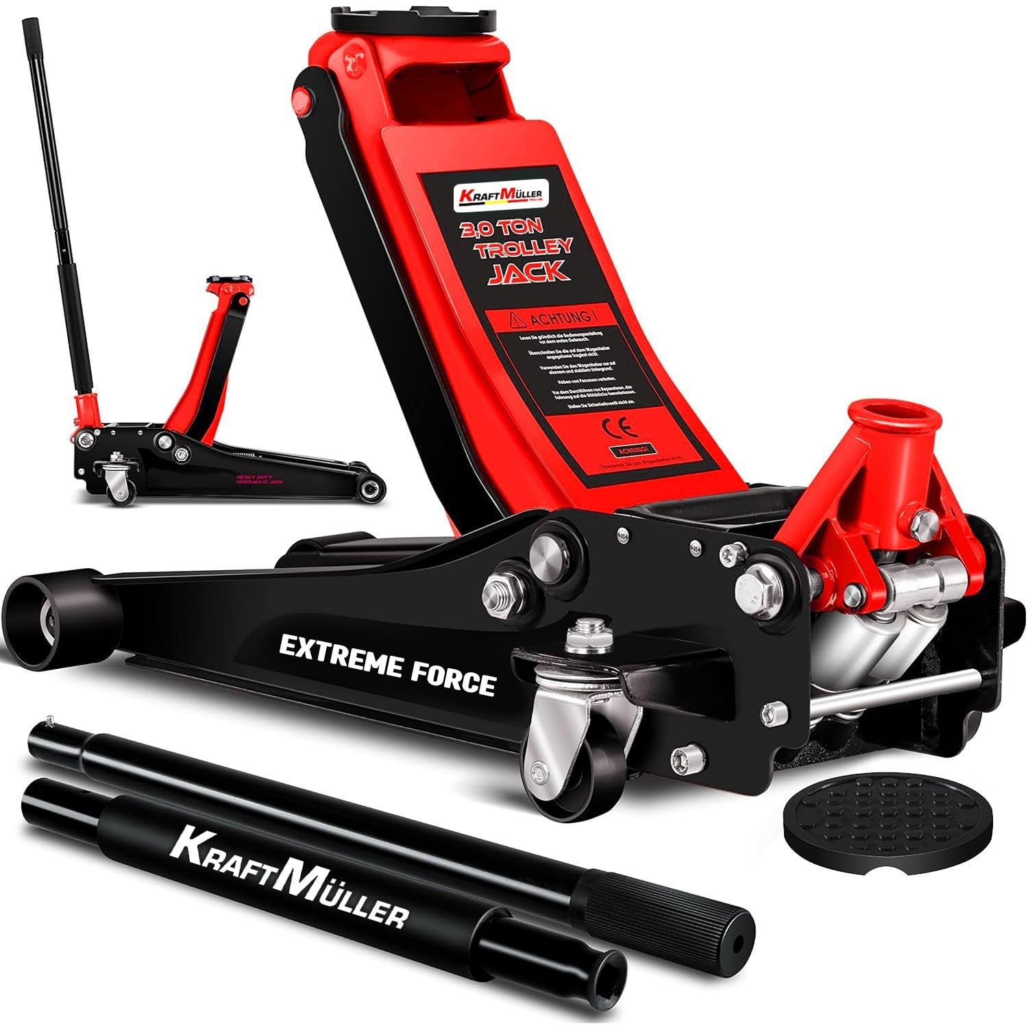 Cric hydraulique Kraft Müller professionnel 3 Tonnes, Haut. de levage 46cm, Levée rapide Système à double-pompe, Rouge