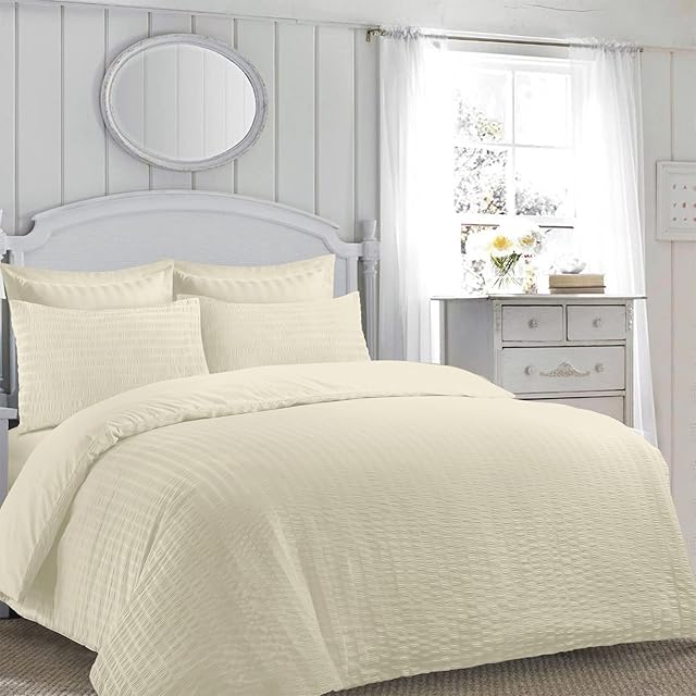 Nimsay Home Jasmine Seersucker Duvet Cover with Pillow Cases Bedding Set (Cream, King)