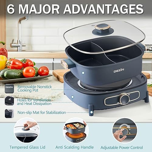 Miniatura 6 de Dezin Olla eléctrica con divisor, olla eléctrica Shabu Shabu Shabu de doble sabor de 5.5L, cocina eléctrica antiadherente extraíble de doble cara,