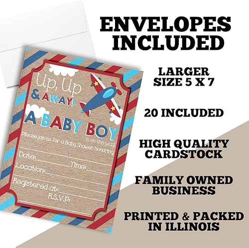 Miniatura 2 de Up & Away Airplane Baby Shower Invitaciones para niños, 20 tarjetas de relleno de 5 x 7 con veinte sobres blancos por AmandaCreation