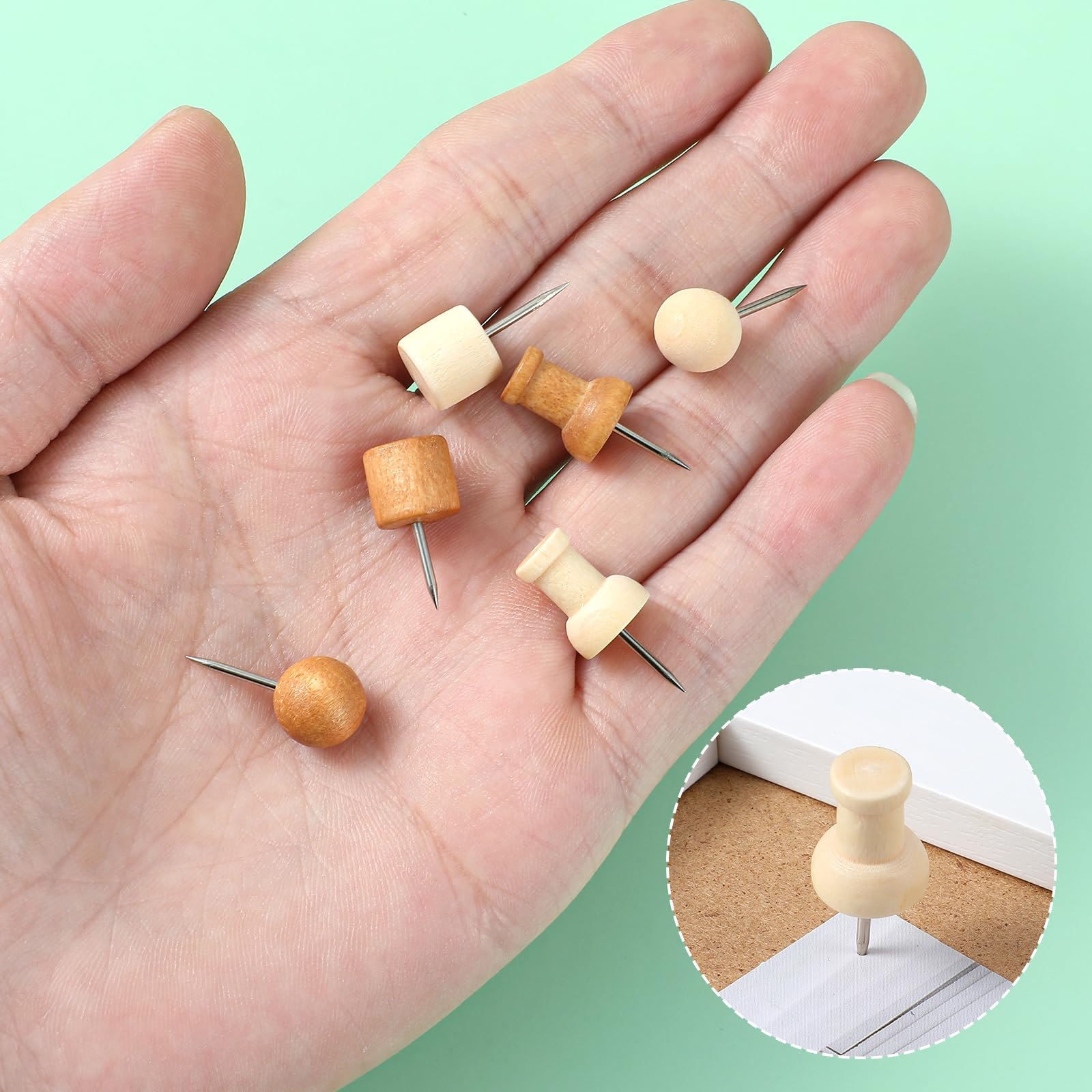150 sztuk drewnianych szpilek, 2 cm pinezki pinboard pins drewniane pinezki pins z pudełkiem do przechowywania do tablicy korkowej biuro szkoła dom mapa świata zdjęcia artykuły biurowe