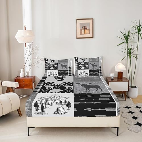 Miniatura 47 de Sábana bajera ajustable de oso de caza, juego de ropa de cama a cuadros de búfalo, sábanas de retazos de cabaña rústica para niños, niños, Multi