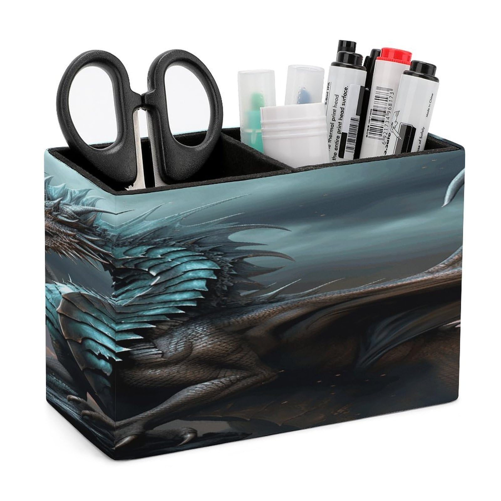 VstaDank Cool Dragon Pen Holder Double Compartments Pen Cup Fashion Makeup Brush Holders Leather Pencil Holder for Work Locker Accessories Modern Pencil Cup for Desk Organizer