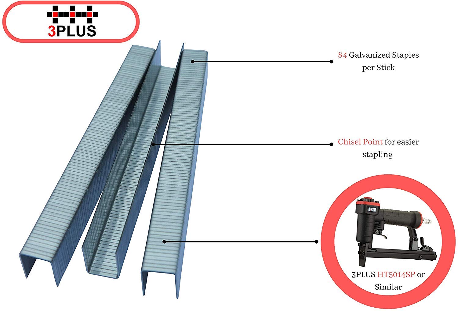 3PLUS T50/14 20 Gauge 3/8-Inch(10.6mm) Crown 9/16-Inch Leg Length Galvanized Fine Wire Staples, 5,000 per Box