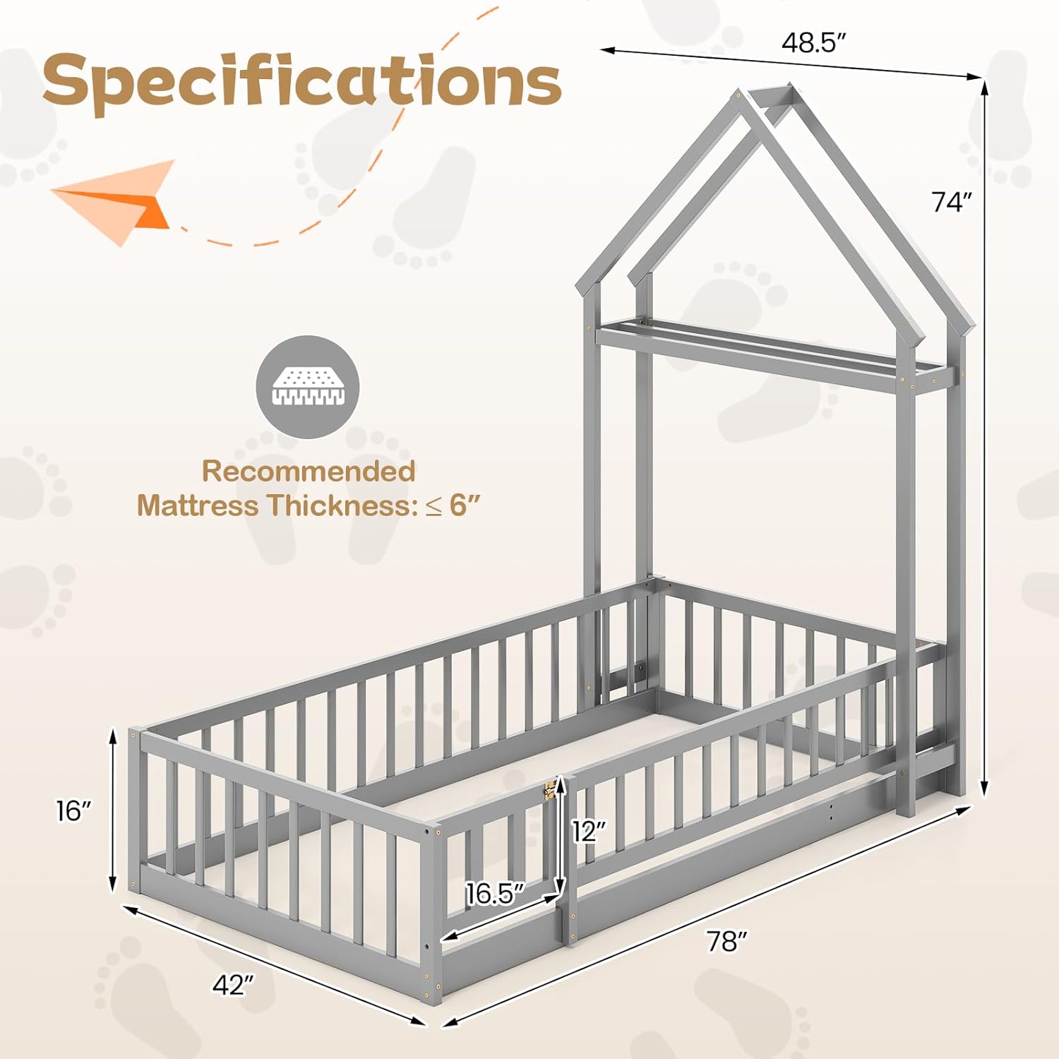 Twin Floor Bed Frame, Wooden Montessori Bed with Fence, House-Shape Headboard and Detachable Clothes Rack, Low Twin Size House Bed for Kids, Boys, Girls, Without Slats (Grey)