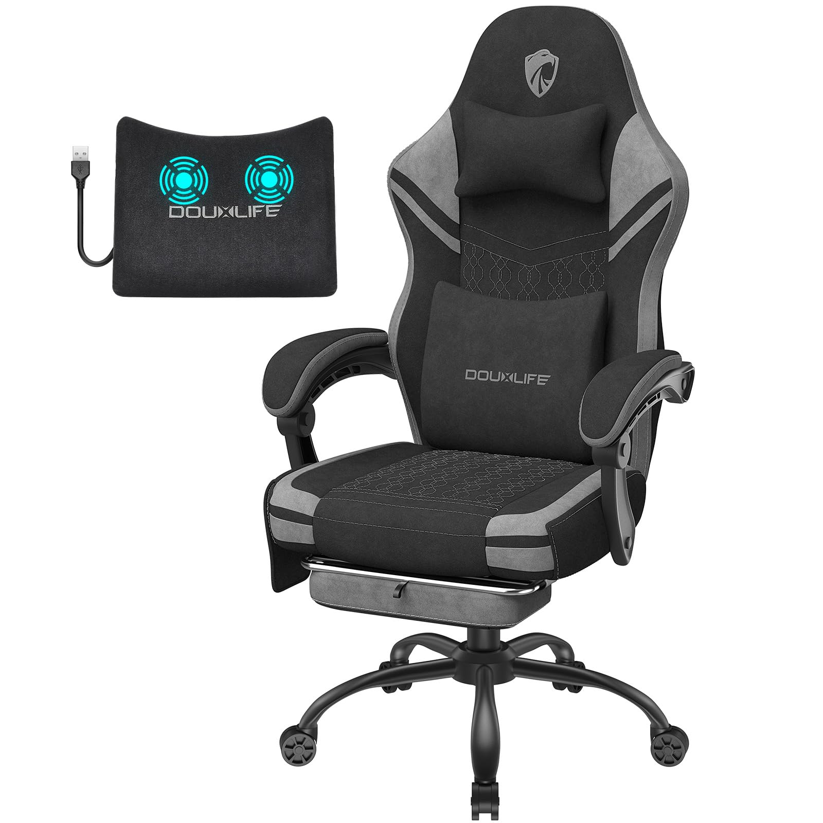 Silla Gaming Ergonómica, Oficina Sillon in Tela High-Tech con cojín de muelles ensacados, con Cojín Lumbar de Masaje, Pies de metalpara y Bolsa de Almacenamiento Juvenil, Adulto, 158kg, Gris