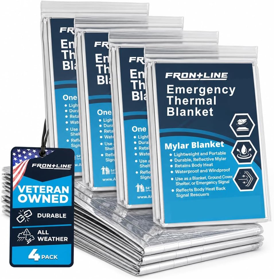 FRONTLINE Mylar Emergency Blankets 54" x 84" | Lightweight Thermal Survival Space Blanket, Waterproof & Windproof Foil Blanket for Camping, Hiking, First Aid & Disaster Preparedness (4)