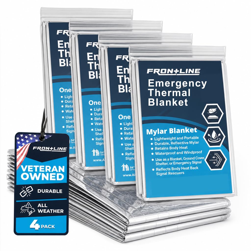 FRONTLINE Emergency Thermal Blankets Large 54" x 84" Mylar Blankets Survival Gear Camping Gear Emergency Space Blanket First Aid for Survival (4)