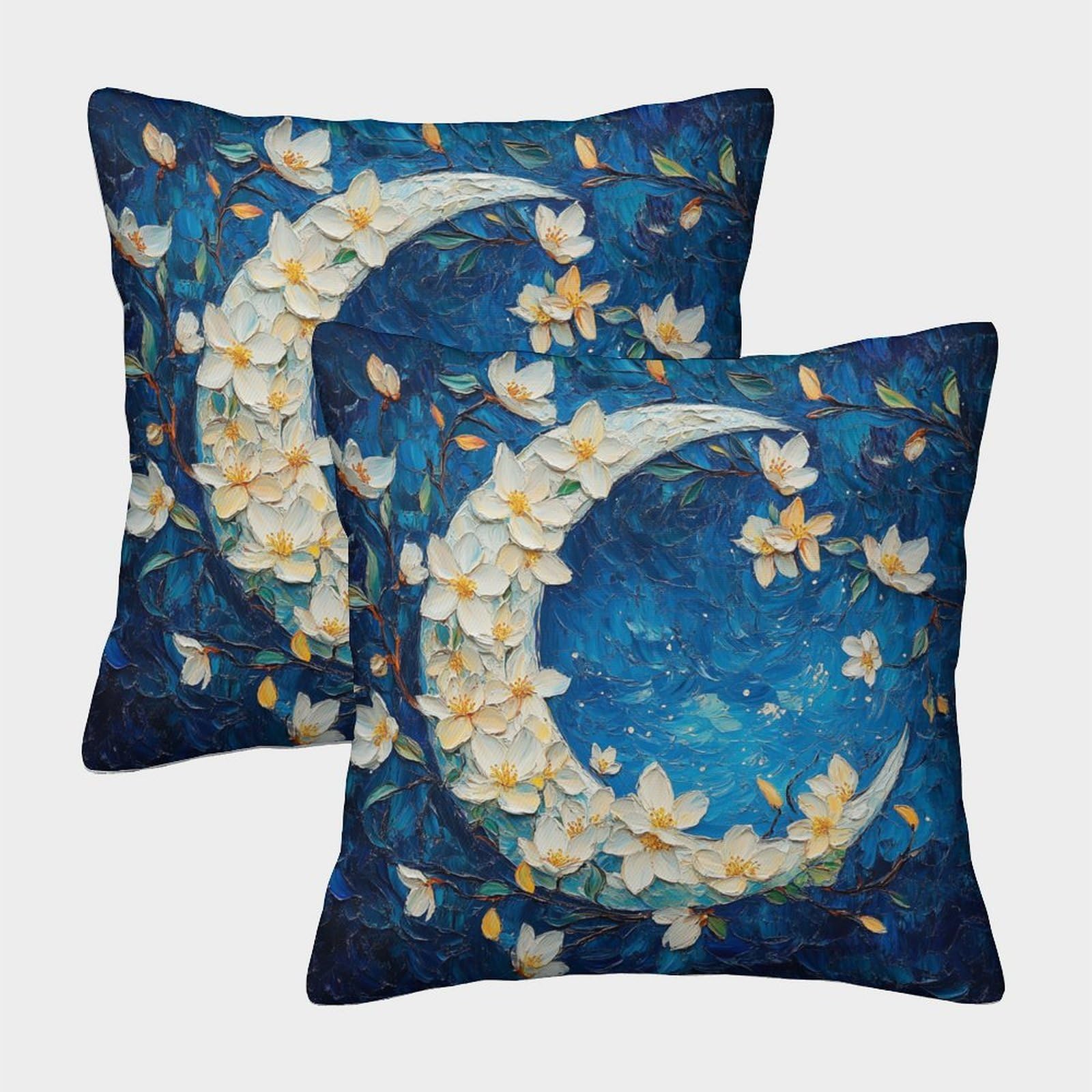 kaiyun 2 Pack Throw Pillowcase 40x40cmBlue Night Sky, Moon, Osmanthus Pattern Cushion Cover Oil Painting Style Home Decoration