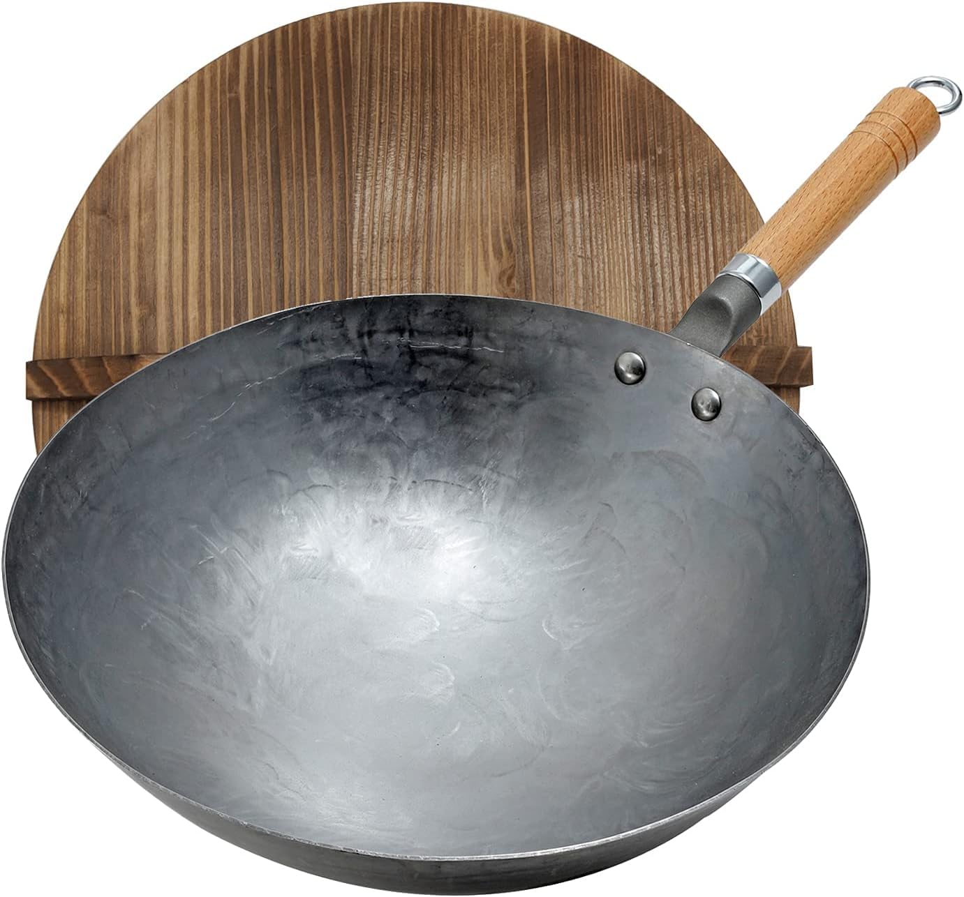 Wok, wok fatto a mano in acciaio al carbonio, 30/32/34 cm Ø fondo tondo in acciaio al carbonio per fornello a gas, spessore 1,5 mm, con manico in legno e acciaio,30CM