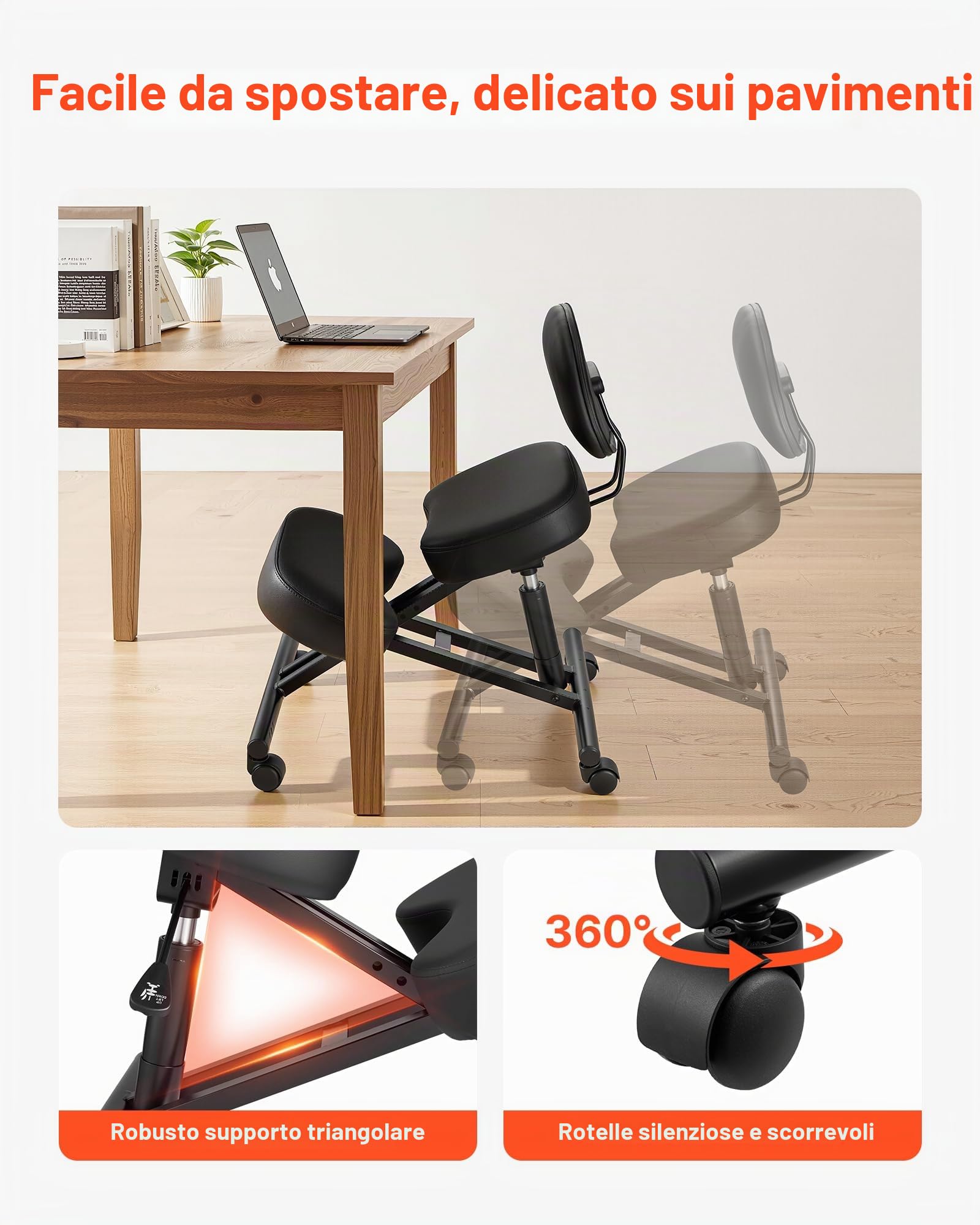 VEVOR Sedia Ergonomica a Ginocchio con Schienale Sedia a Rotelle Altezza Regolabile, Sedia Inginocchiata per Scrivania Postura Comoda da Ufficio, Sgabello Ergonomico per Casa, Carico max 120 kg