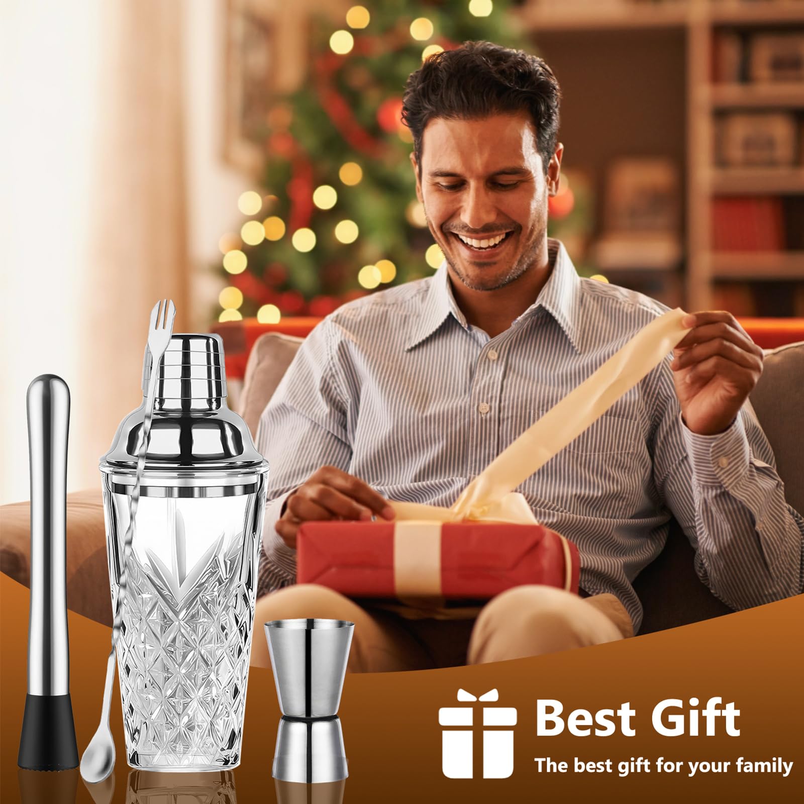 OUZHOU Shaker per cocktail, set da 4 pezzi, shaker da cocktail in vetro con coperchio in acciaio inox, a prova di perdite, shaker per coktail, set con misurino per vino, bastoncini di miscelazione per