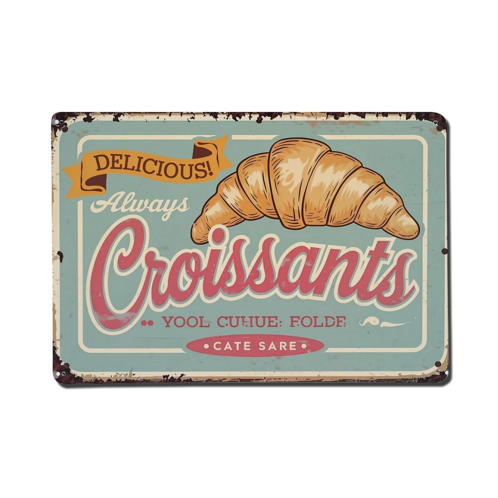 Delicious Always Croissants Yool Cuhue Folde Cate Sare Retro Metal Tin Sign, Vintage Metal Poster for Home, Gaming Room, Studio Workshop,Bar,Garage Wall Art Decor 8x12 Inch