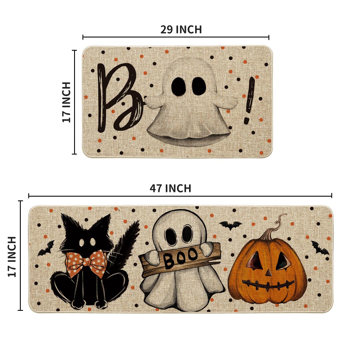Artoid Mode Halloween Kitchen Mats Set Of 2 - Ghost Pumpkin Dog Design, Non-Slip Low Profile Rugs, 17x29 & 17x47 Inch