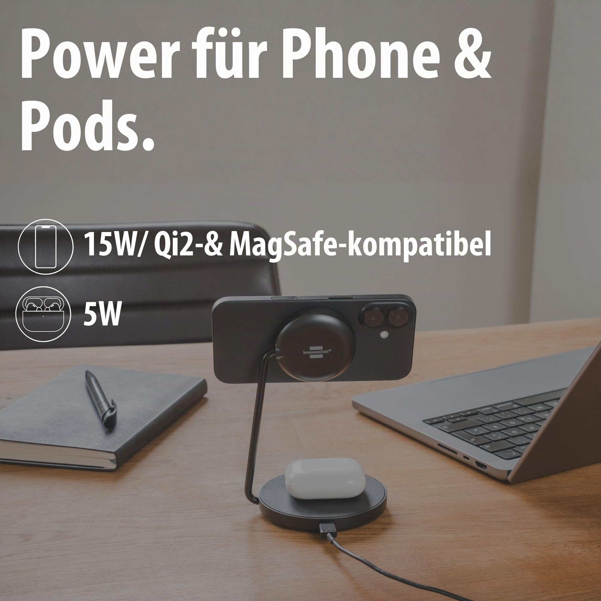 Brennenstuhl 2 in 1 Ladestation (magnetisches Ladepad 15W für Smartphones mit Qi2, Qi2-kompatibel, kompatibel mit MagSafe, 5W Wireless Charger für Kopfhörer)