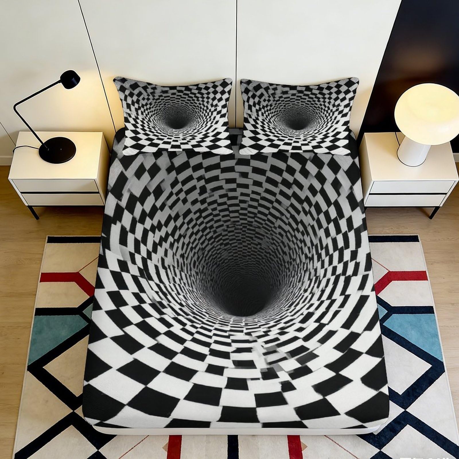 3D Printed Optical Illusion Black White Fitted Sheet Microfiber Soft Anti-slip Vortex Tunnel Bed Cover for Bedroom Dorm Decor 200x200x25cm