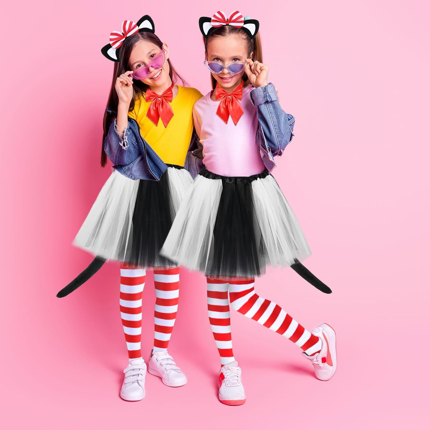 5 Pcs Striped Cat Costume Accessories Set Include Cat Ears Headband Bow Tail Red and White Striped Gloves Knee Socks for World Book Day Cosplay - Image 8