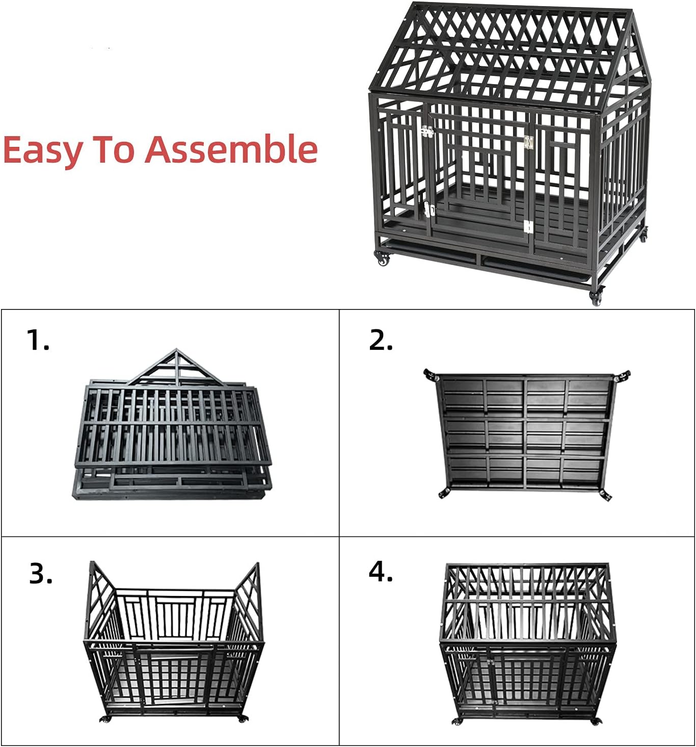 46'' Heavy Duty Dog Crate Strong Metal Tube for Large Dogs,Indoor Outdoor Dog Kennel with Four Lockable Wheels Removable Tray