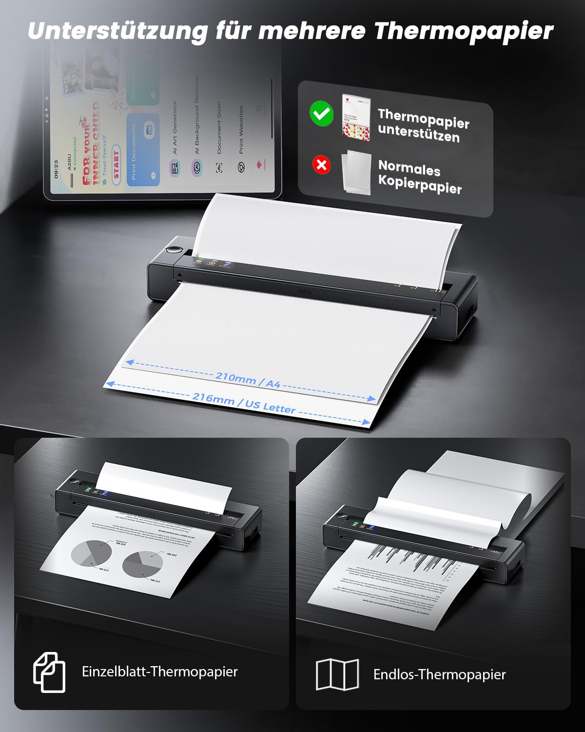 TATTMUSE Thermodrucker A4 Kit Unterstützt das Format A4/A5/B5, Bluetooth Mobiler Drucker, Lernen, Tragbarer Drucker Kompatibel mit Phone, Monochromer Reisedrucker Nur