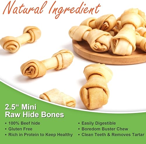 Vista 3 de MON2SUN Huesos de nudo de cuero crudo para perros, pequeños huesos de cuero crudo, mini masticables sabor a pollo de 2.5 pulgadas, 60