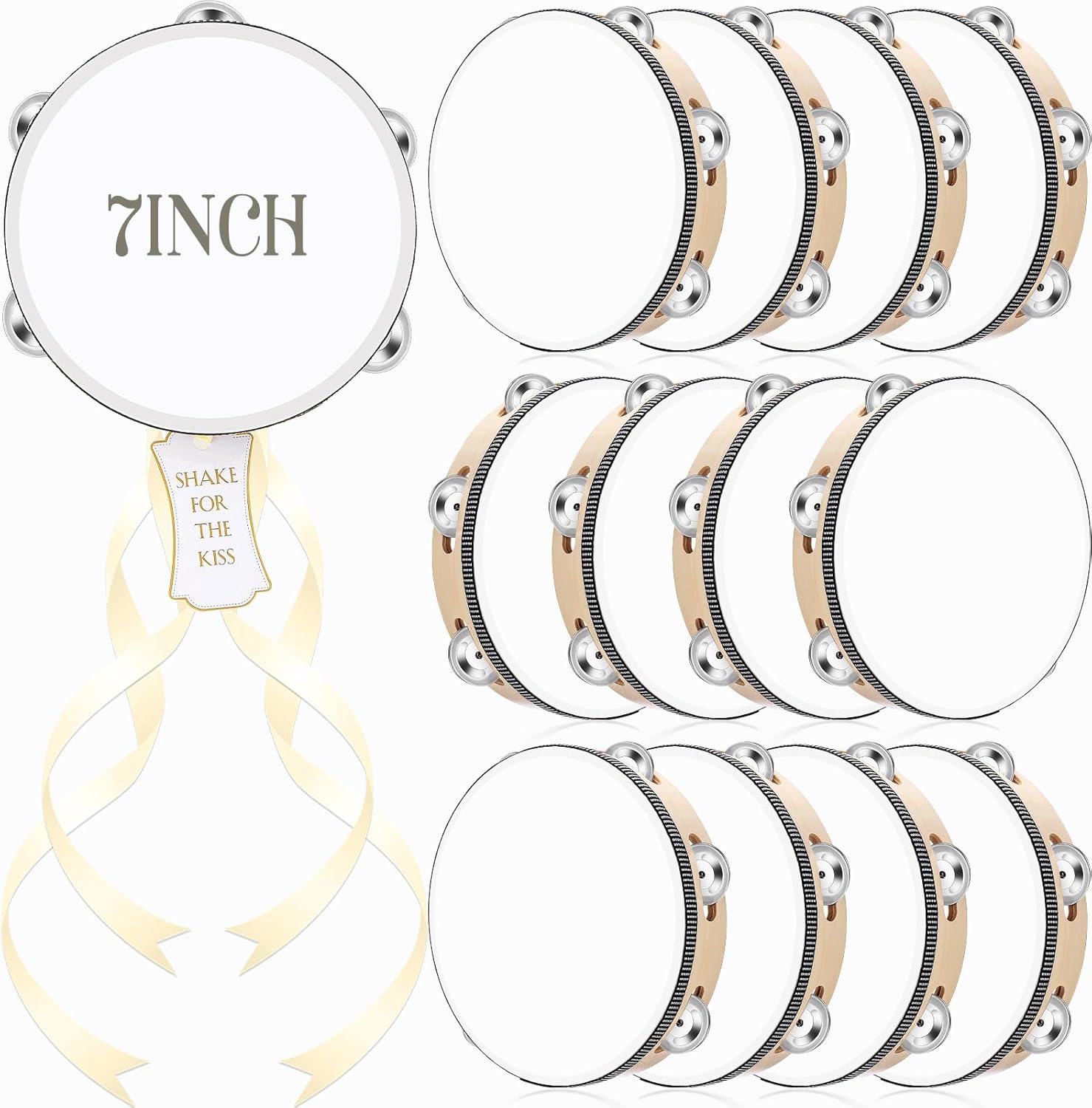 12 Set 7 Inch Tambourine for Adults Tambourines Bulk Wooden Hand Held Drum with Metal Jingles, Gift Tags, Ribbon Percussion Gift Musical Instrument for Church Wedding(Single Row)
