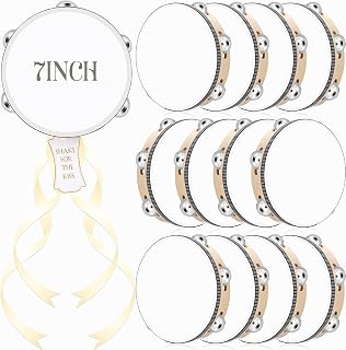 12 Set 7 Inch Tambourine for Adults Tambourines Bulk Wooden Hand Held Drum with Metal Jingles, Gift Tags, Ribbon Percussion Gift Musical Instrument for Church Wedding(Single Row)