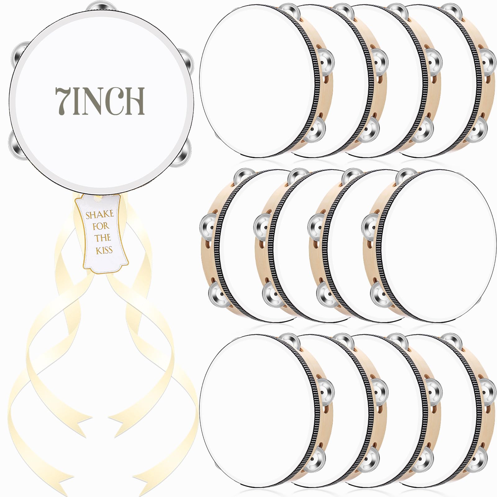 Set di 12 tamburelli da 17,8 cm per adulti, tamburelli in legno, con sonagli in metallo, etichette regalo, nastro a percussione strumento musicale per matrimoni in chiesa (fila singola)