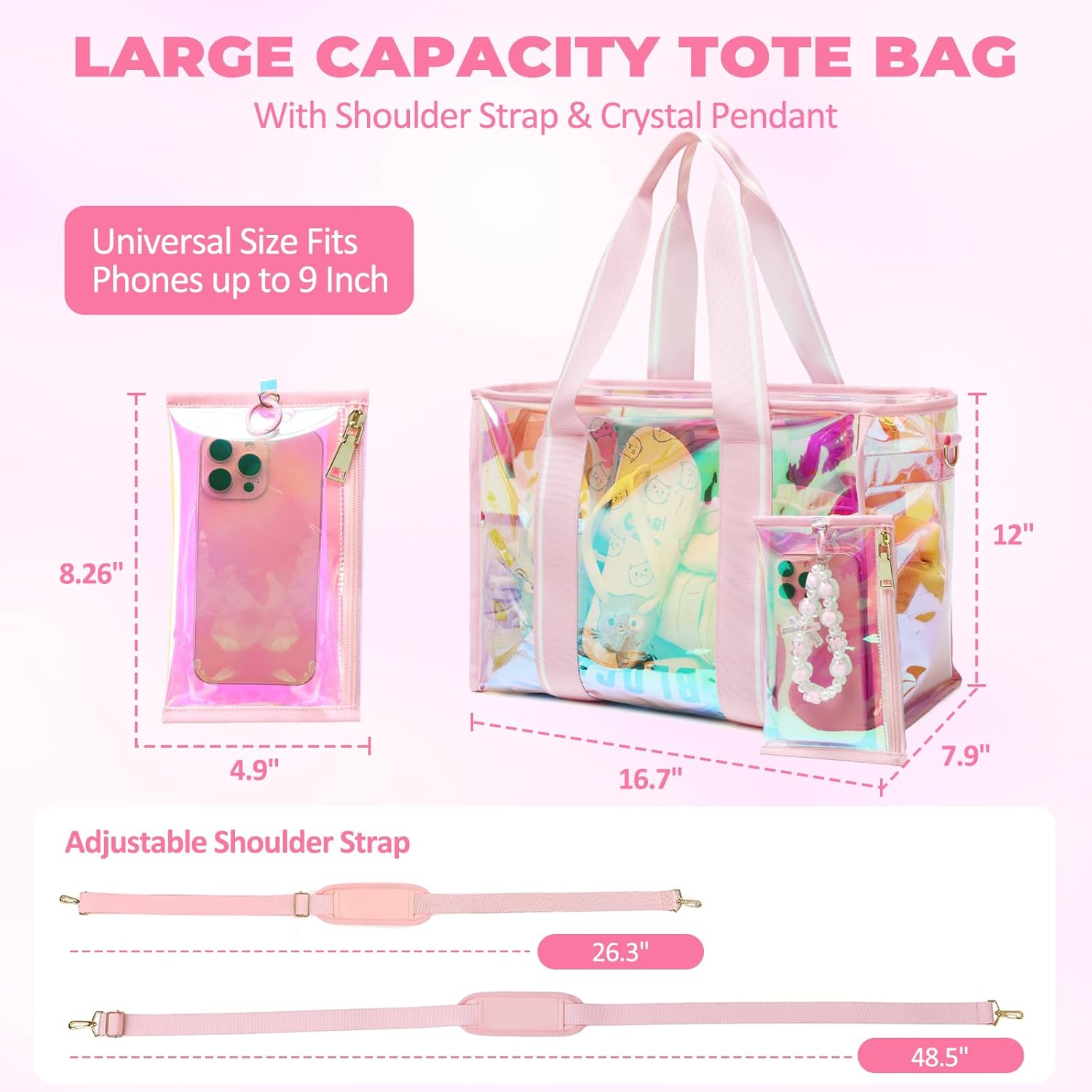 Large Beach Tote Bags for Women, 26L Iridescent Clear Tote Bag, Waterproof Tip-Proof Tote Bag for Beach, Gym - Image 3