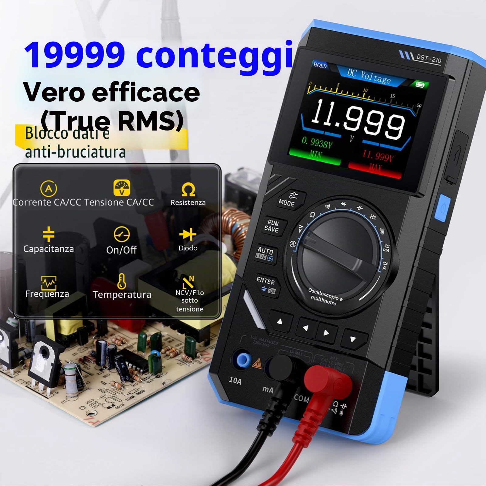 DST-210 Oscilloscopio Portatile Multimetro Digitale Generatore di Segnali 3 in 1 Multimetro Tester Elettricista 19999 Conteggi Testa Tensione CA/CC, Corrente, Capacità, Resistenza e Diodi