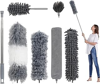 LISSUDA 7Pcs Feather Duster for Cleaning Extendable Dusters with 30-100 inch Telescoping Extension Pole Long Handled Duster Bendable Microfiber Duster for Cleaning Cobwebs High Ceilings Cars Furniture
