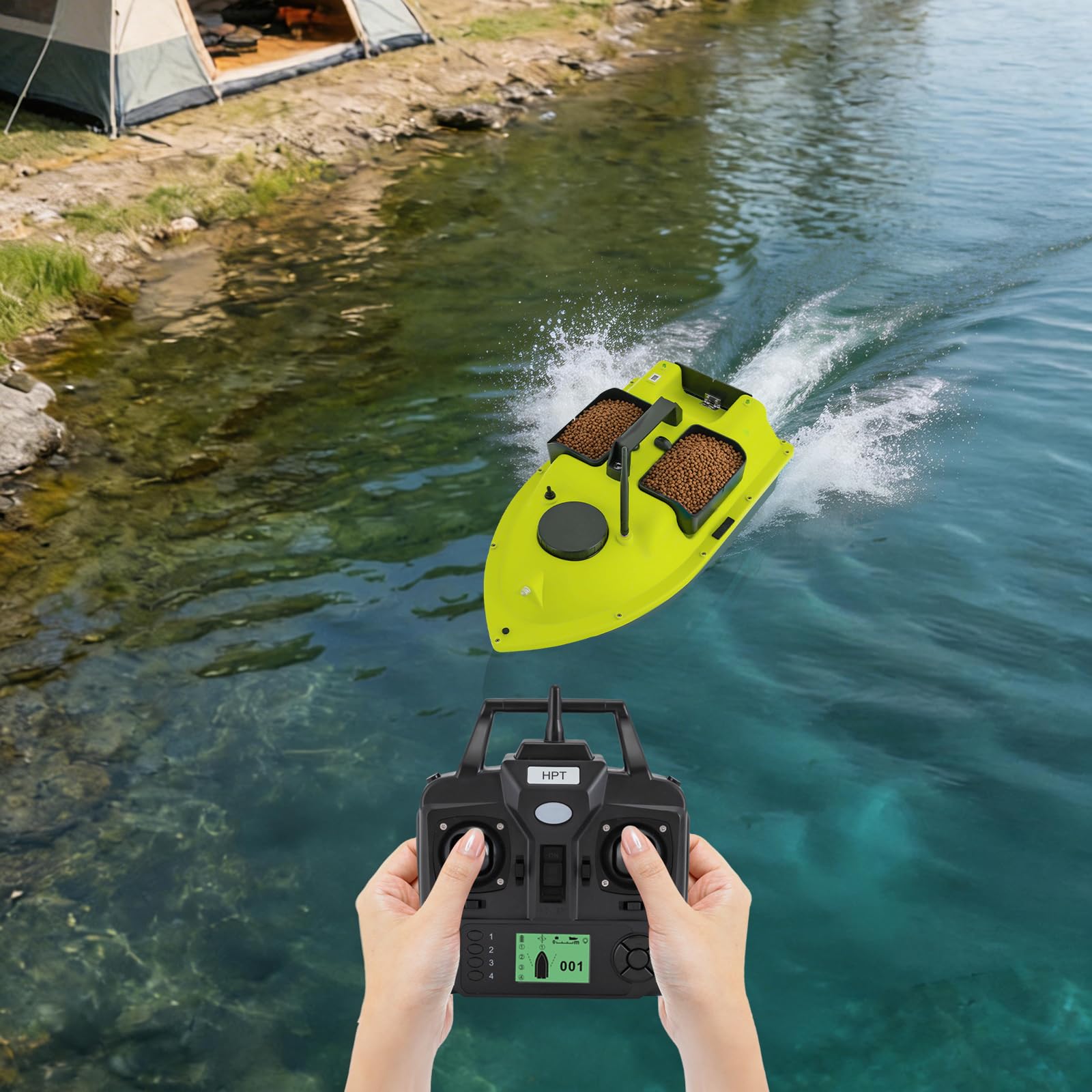Barca per mangimi a distanza, 600 m, con GPS e ritorno automatico, 99 posizioni, barca RC, 2 batterie da 5200 mAh, 90 min, capacità di 1,5 kg, in ABS, impermeabile, per pesca, carpe, luccio