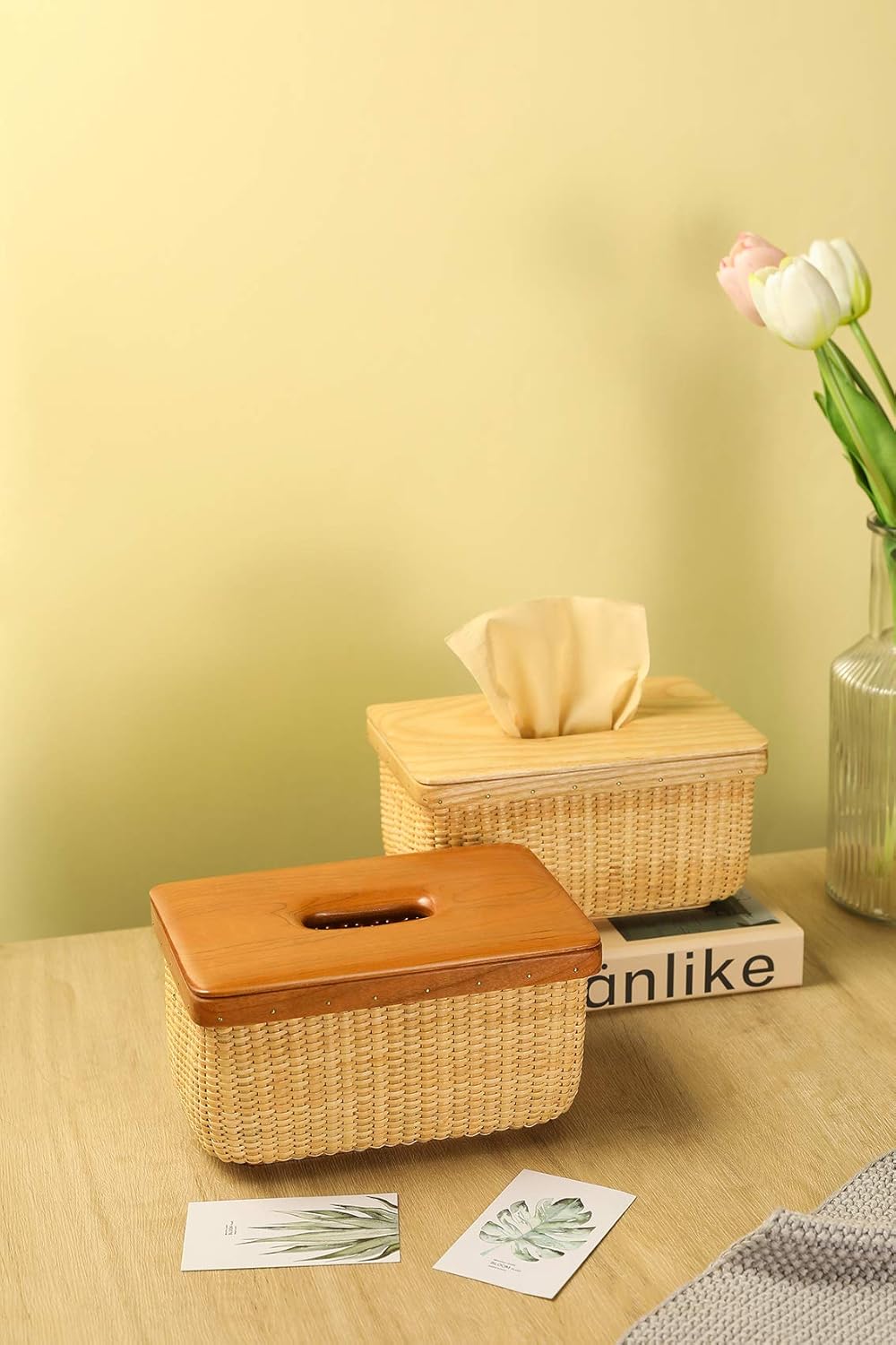 Tissue Box Cover Holder Rattan Tissue Box, Box Covers Rectangular, Perfect Combination of Rattan and Wood，Decorative Organizer for Tabletop, Bathroom, Car, Office | Natural