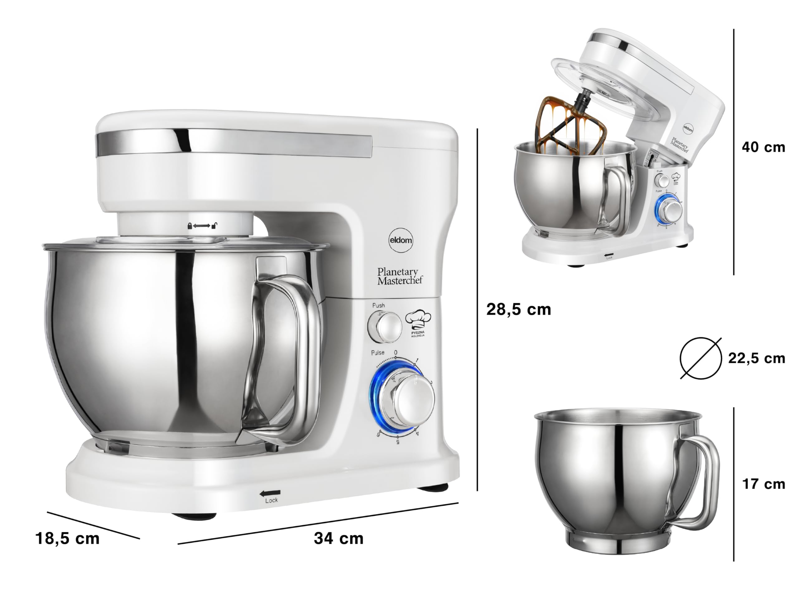 Robot de cocina 1300 W, batidora planetaria de 5 L, 6 velocidades + pulso, engranaje de metal, máquina de amasar con gancho para amasar, batidor y gancho para mezclar, color blanco WRK1300 Eldom