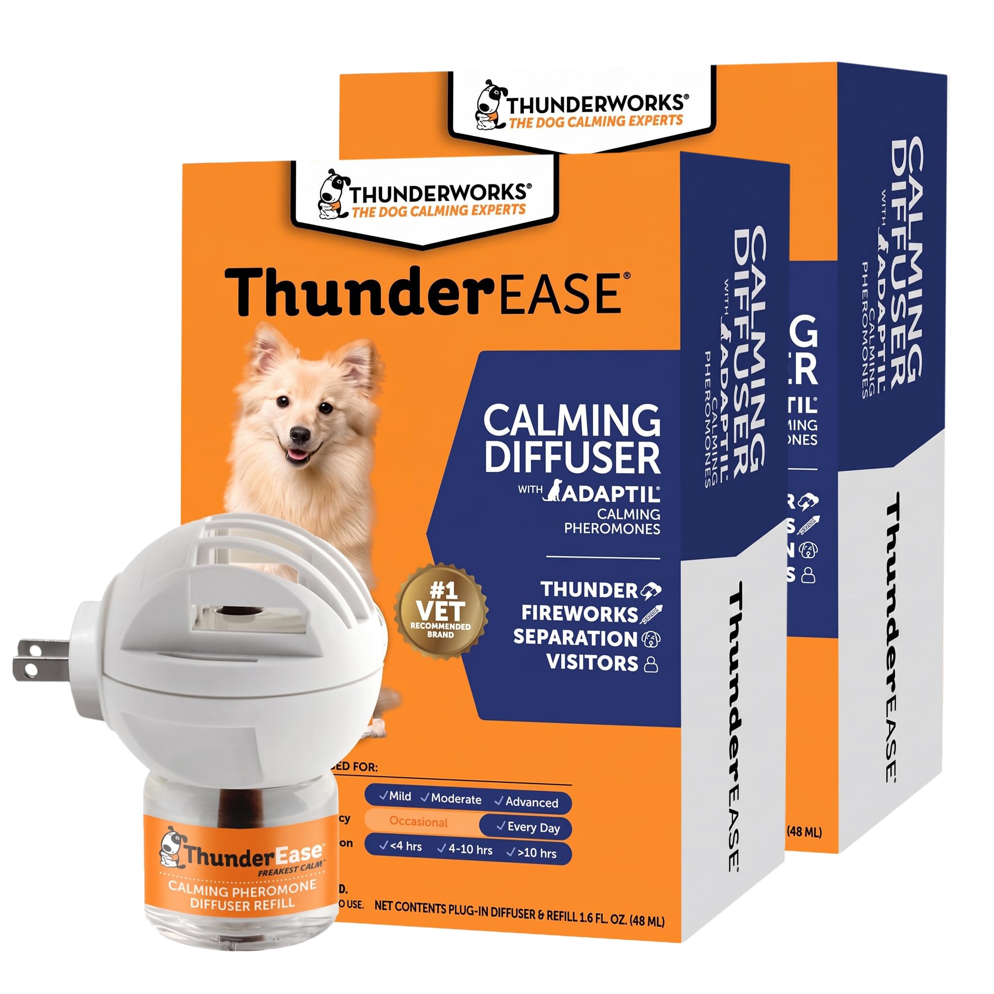 ThunderEase Dog Calming Pheromone Diffuser Kit-Powered by ADAPTIL-Vet Recommended to Relieve Separation Anxiety, Stress Barking &amp; Chewing, &amp; Fear of Fireworks &amp; Thunderstorms(30 Day Supply)(Pack of 2)
