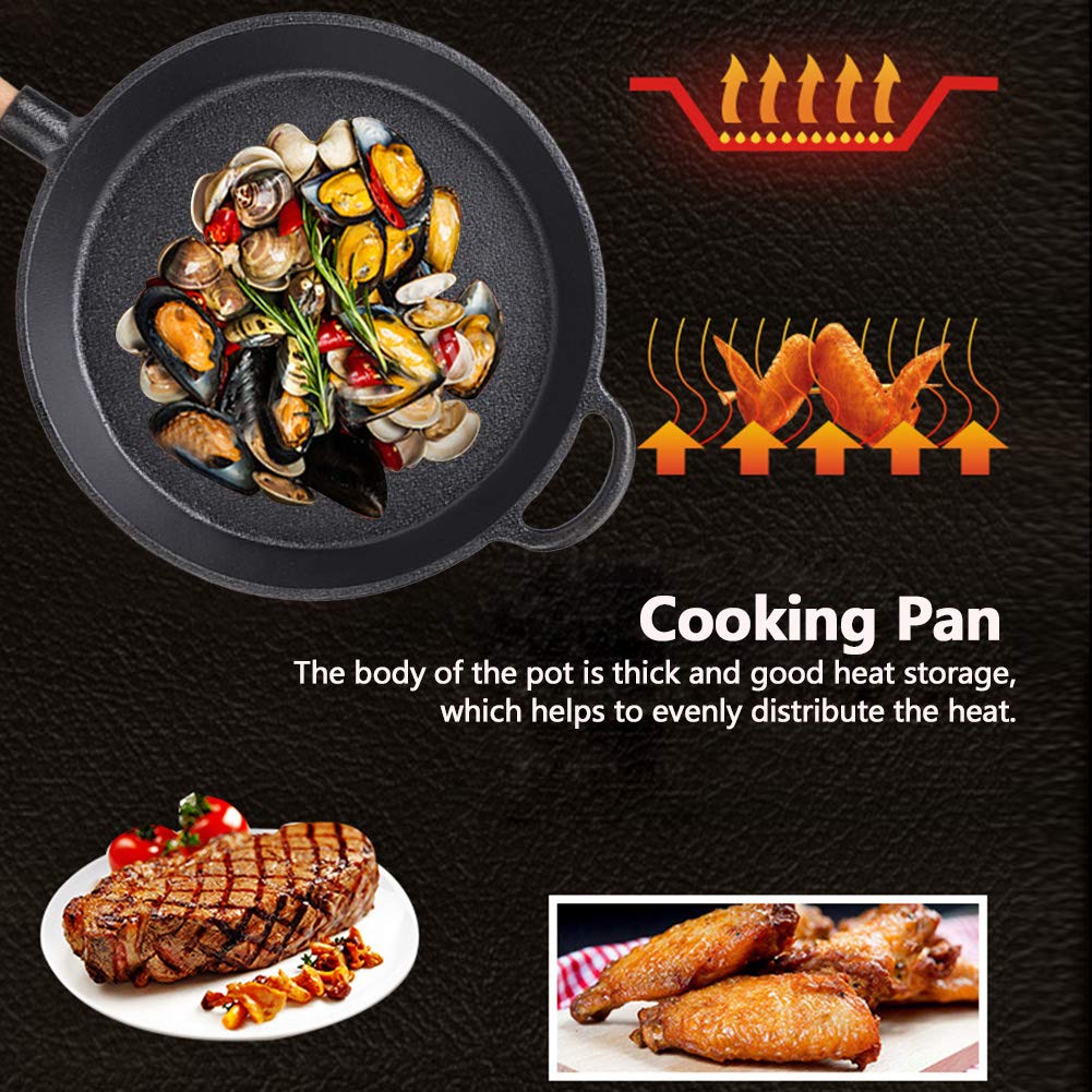 FLEXMAN Skillet Z Żeliwa, Wielofunkcyjna Patelnia do Smażenia Z Żeliwa Z Drewnianym Uchwytem, Patelnia do Gotowania Steków do Pieczenia, Grilla, Pieczenia, Duszenia, Smażenia
