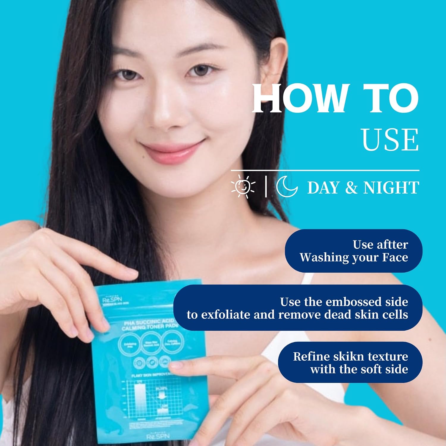 Re.SPN PHA Succinic Acid Calming Toner Pads – Daily Exfoliating, Hydrating and Soothing with CICA, Caffeine, Non-comedogenic, Vegan, Glass Skin, K-Beauty (35) - Image 6