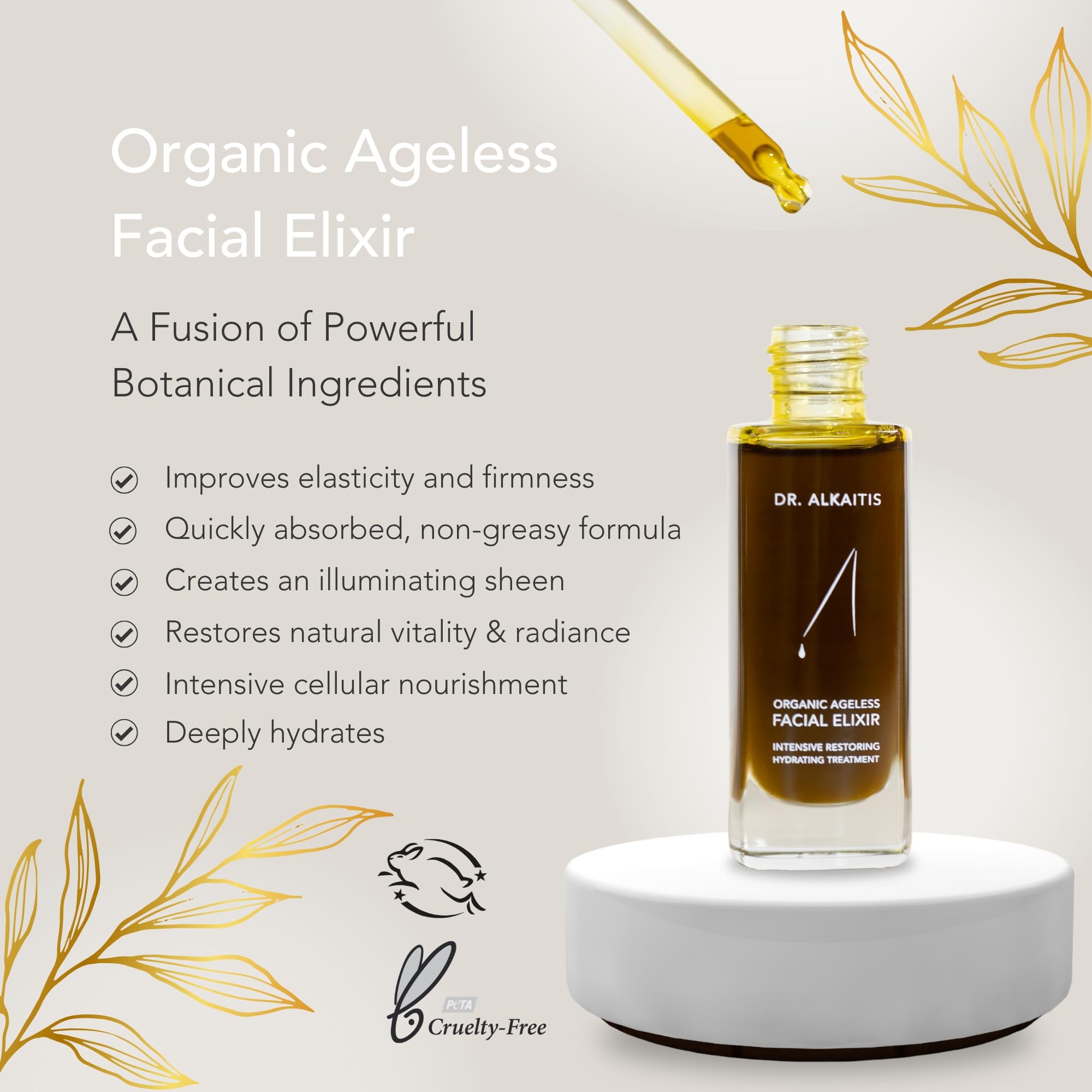 Dr. Alkaitis Organic Ageless Facial Elixir - Moisturizing Serum - Ayurvedic Herbs, Rare Oils, Superfoods - Luxury Cellular Renewal (1 fl oz | 30ml)
