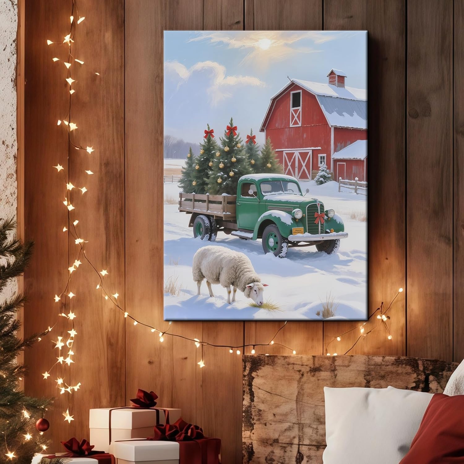 Craftline - Rural Green Truck Barn Wall Art Vintage Christmas Pictures Wall Decor for Living Room, Christmas Trees Snowy Winter Sheep Artwork Painting Country Farm Holiday Frame Wrapped Prints 12x08”