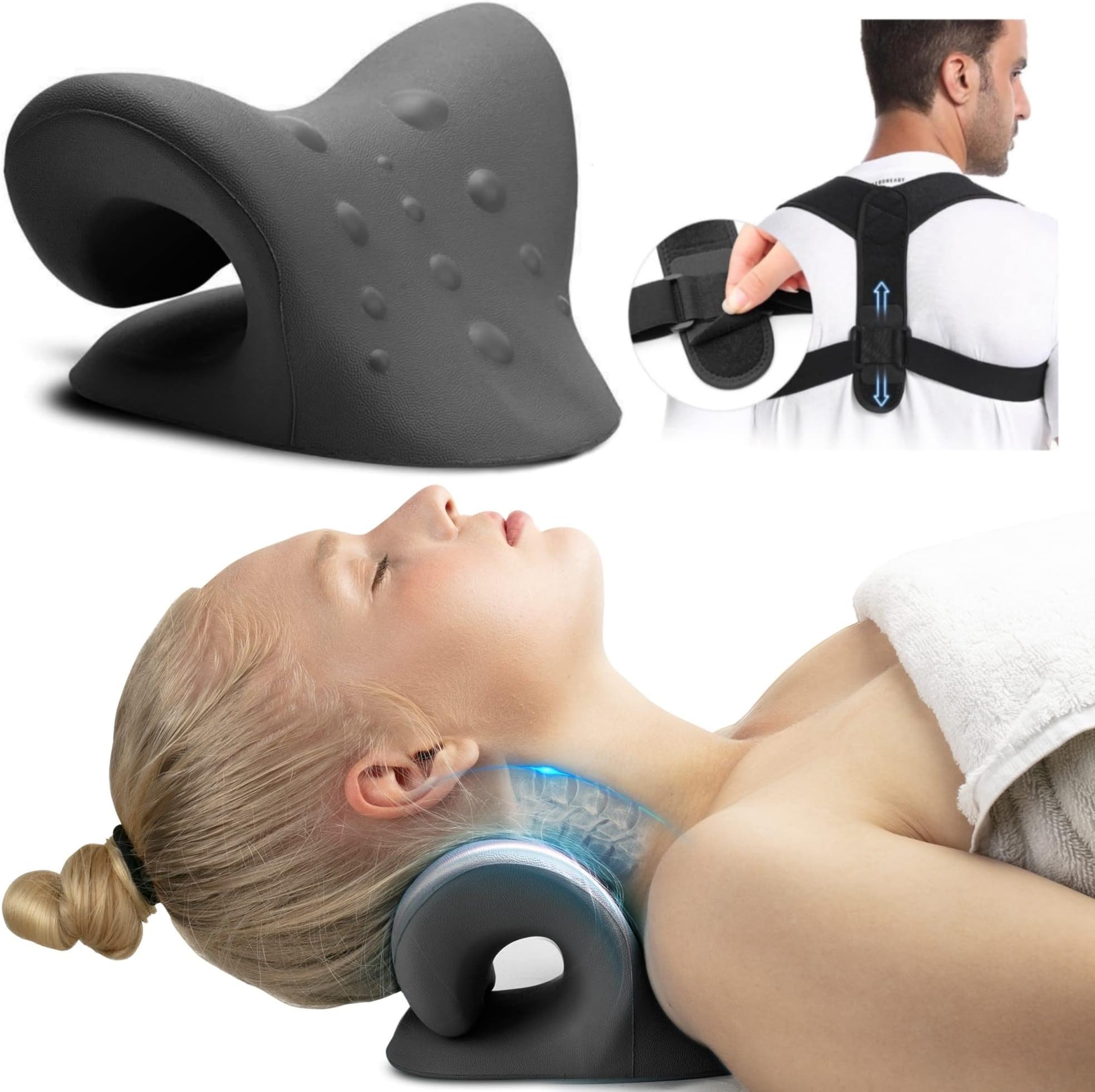 FSA HSA Eligible Neck and Shoulder Relaxer with Posture Corrector Back Brace, Neck Stretcher Cervical Traction Device for Spine Alignment, Upper Back Support Adjustable Straightener (Black)