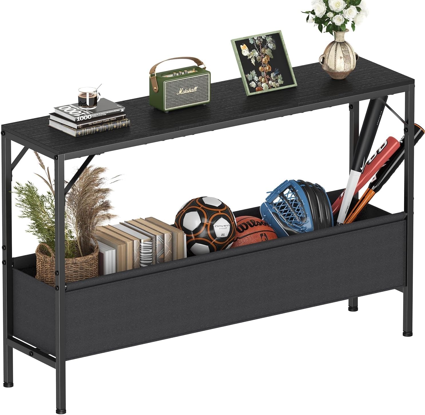 Narrow Console Table with Storage Basket, 47.2'' Behind The Couch Table, Entryway Table, Skinny Console Table, Small Sofa Table, Display Table for Hallway, Foyer, Living Room, Black 47.2"Dx9.5"Wx30.1"H 1-Pack Black