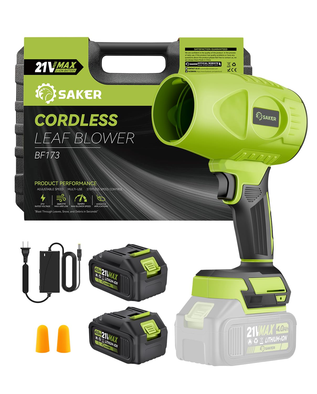 Saker Cordless Leaf Blower Handheld Blower Portable Dust Cleaner 180000 RPM with Adjustable Speed for Drying Patio Cleaning Camping Gifts 2 Batteries Green with Case