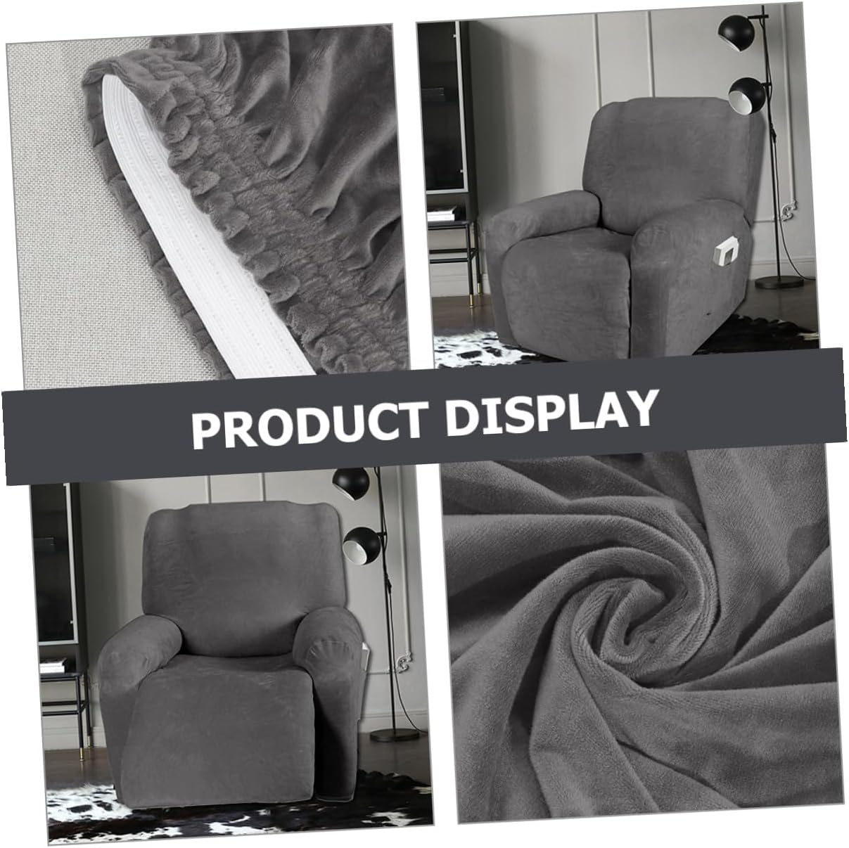 Homoyoyo Elastic Velvet Recliner Sofa Cover, Full Covered Furniture Protector, Stretch Slipcover with 4pcs Set for Single Seat Recliner Chair, Grey Living Room Couch Cover
