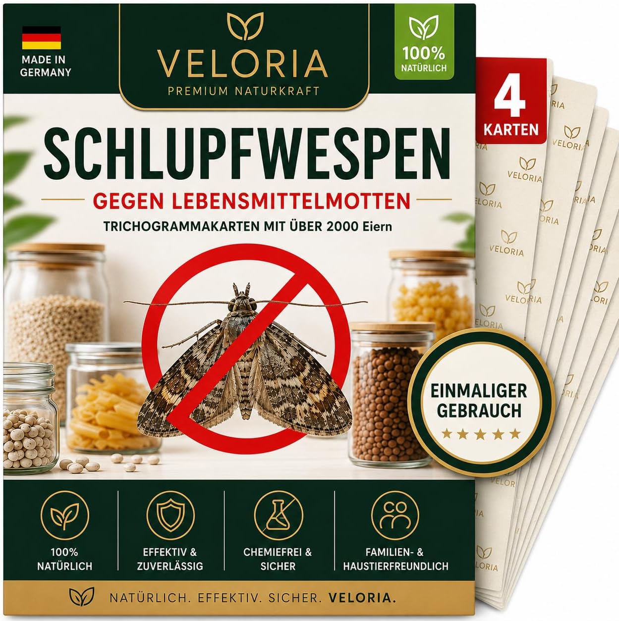 VELORIA Schlupfwespen gegen Lebensmittelmotten - 4 Karten à 1 Lieferung - Effektiv Lebensm