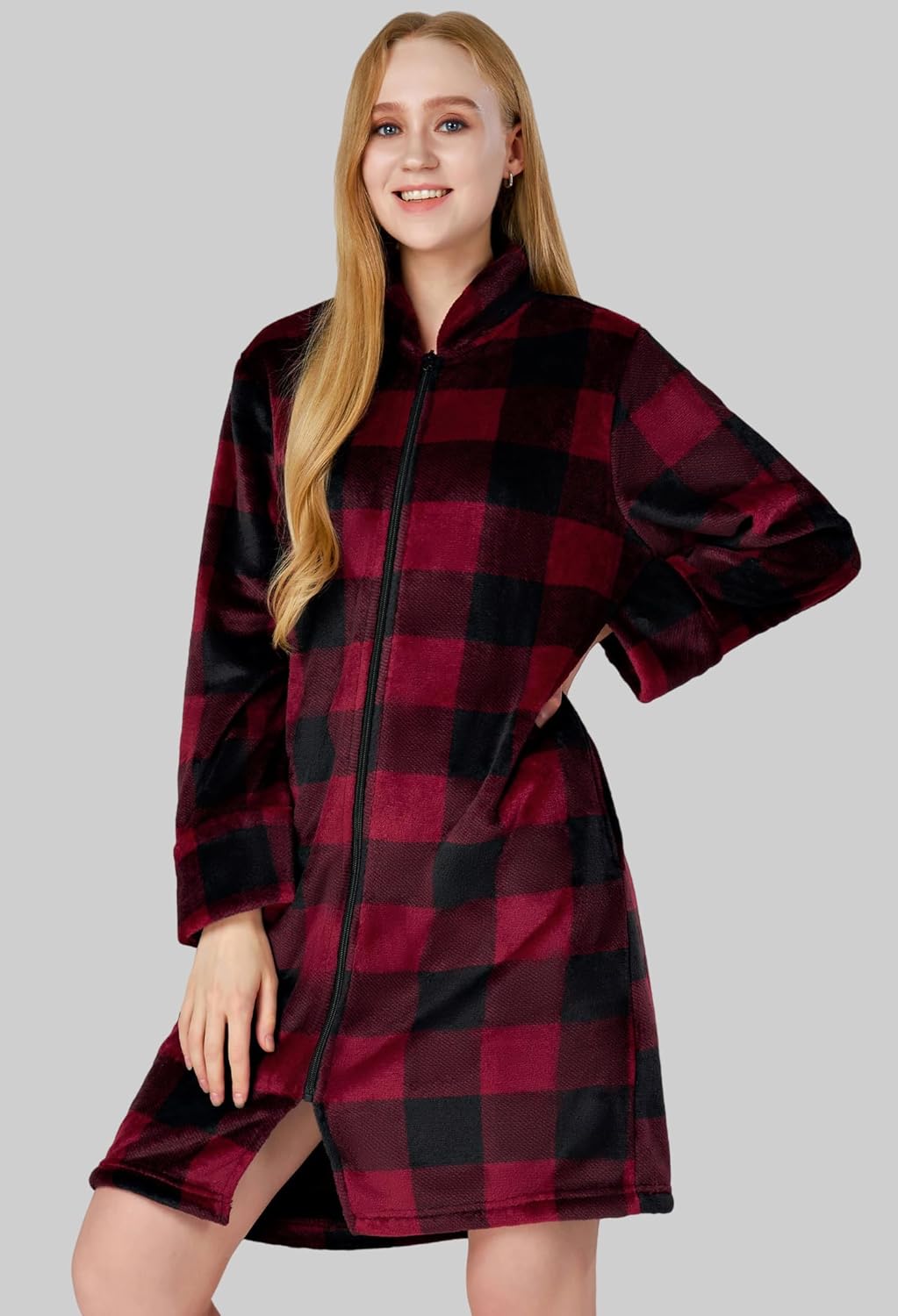 SIORO Fleece Robes for Women Plush Zipper Front Bathrobe Knee Length Warm Housecoat Long Sleeve Cozy Sleepwear with Pockets - Image 2