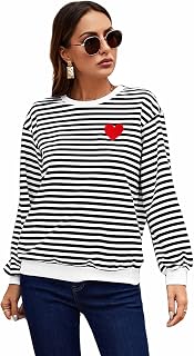 SOLY HUX Women's Striped Sweatshirt Long Sleeve Crewneck Heart Embroidery Pullover Tops