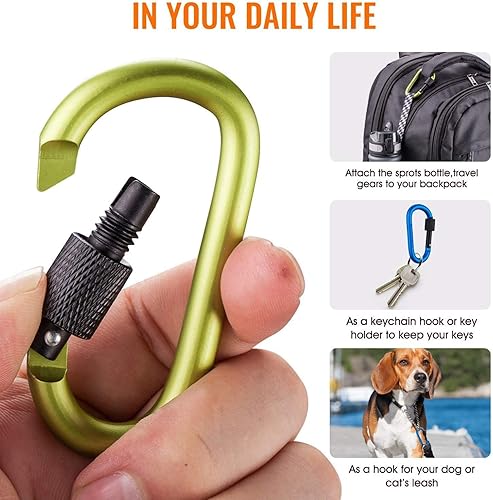 Miniatura 4 de Carago Clips de mosquetón con puerta de tornillo, paquete de 10 mosquetones de senderismo con varilla de aluminio de 0.295 in de diámetro