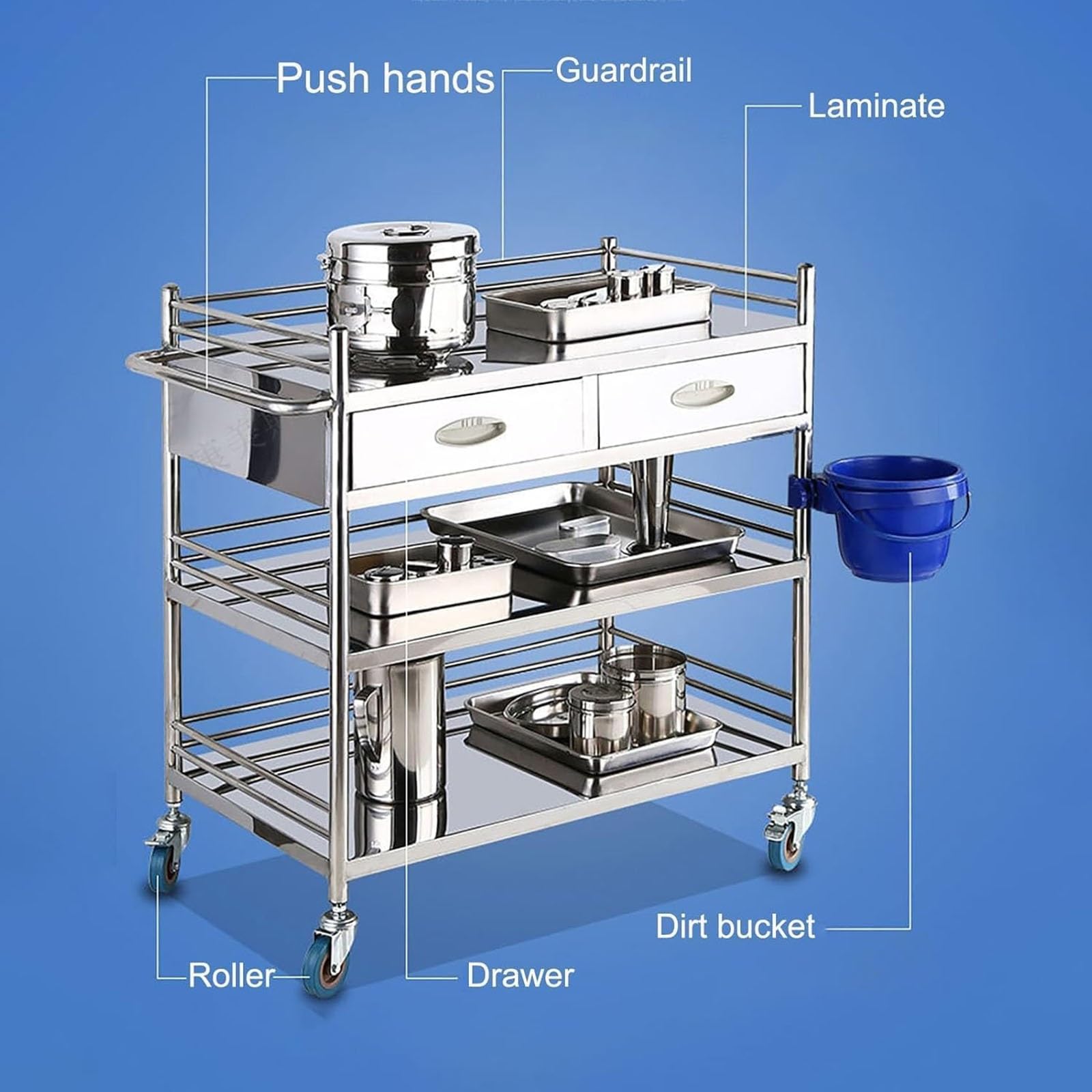 Carro médico, Carro de Laboratorio con Ruedas de Acero Inoxidable de Tres estantes, con Ruedas silenciosas bloqueables de 360° y cajón, Ideal para Laboratorios, clínicas dentales(66 * 44 * 86cm)