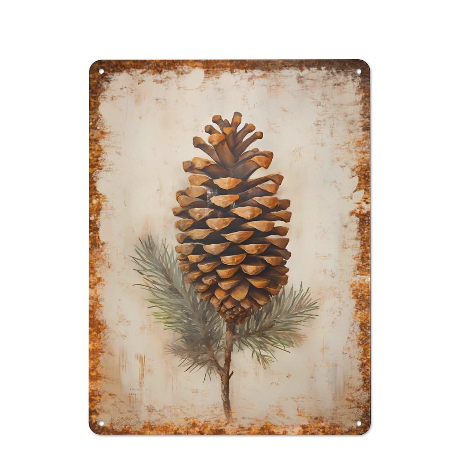 peiyeety Metal Tin Sign Retro Distressed Vintage Rustic Metal Pine Cone with Branch Watercolor Print Wall Art Decor for Home Kitchen Bedroom Bathroom Farmhouse Living Room Office Apartment 6x8 INCH