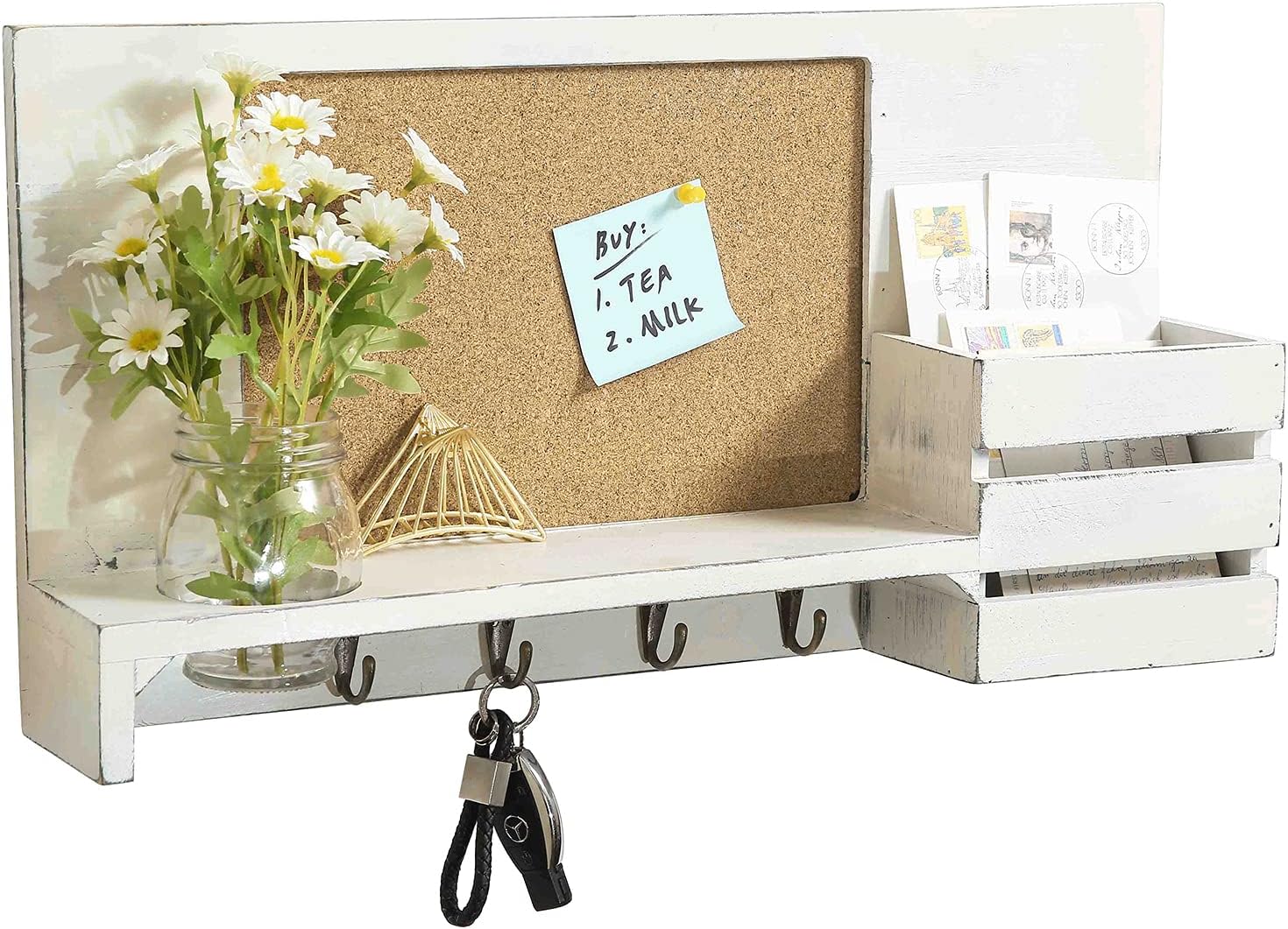 MyGift Entryway Wall Organizer Vintage White Wood Entryway Rack Mail Sorter with Corkboard, 4 Brass Metal Hooks & Glass Vase