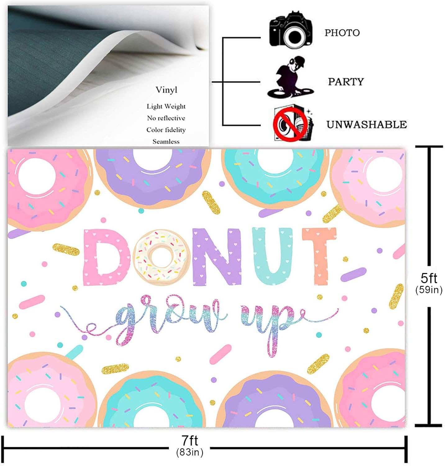 Avezano Donut Grow Up Backdrop for Girls Kid Birthday Party Decorations Sweet Donut Girl Baby Shower Bday Party Photoshoot Photography Background (7x5ft)